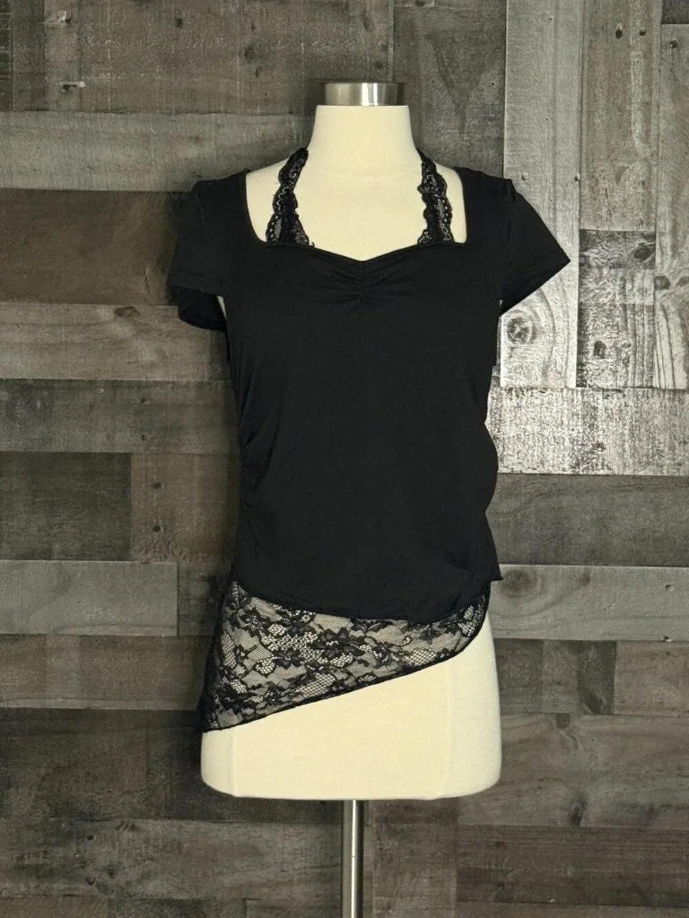 Romwe black lace ruched top girls large dark feminine 80s whimsigoth grunge emo